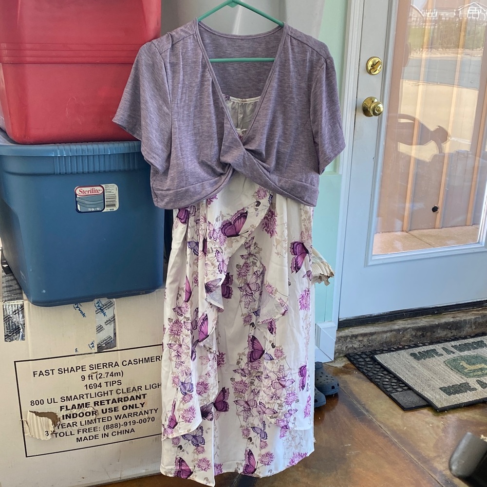 Floral Butterfly Tiered Slip Dress - White & Purple